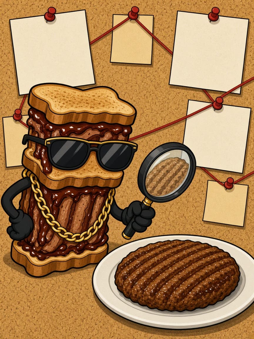 MC RIB holds a magnifying glass over a ridged pork patty pinned to a clue board.