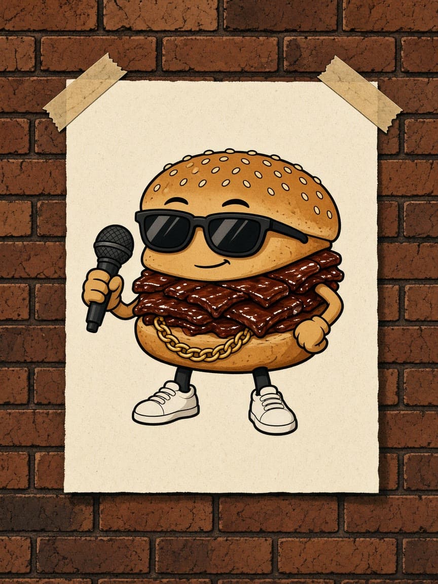 A paper flyer of MC RIB taped to a brick wall, microphone in hand, gold chain shining.