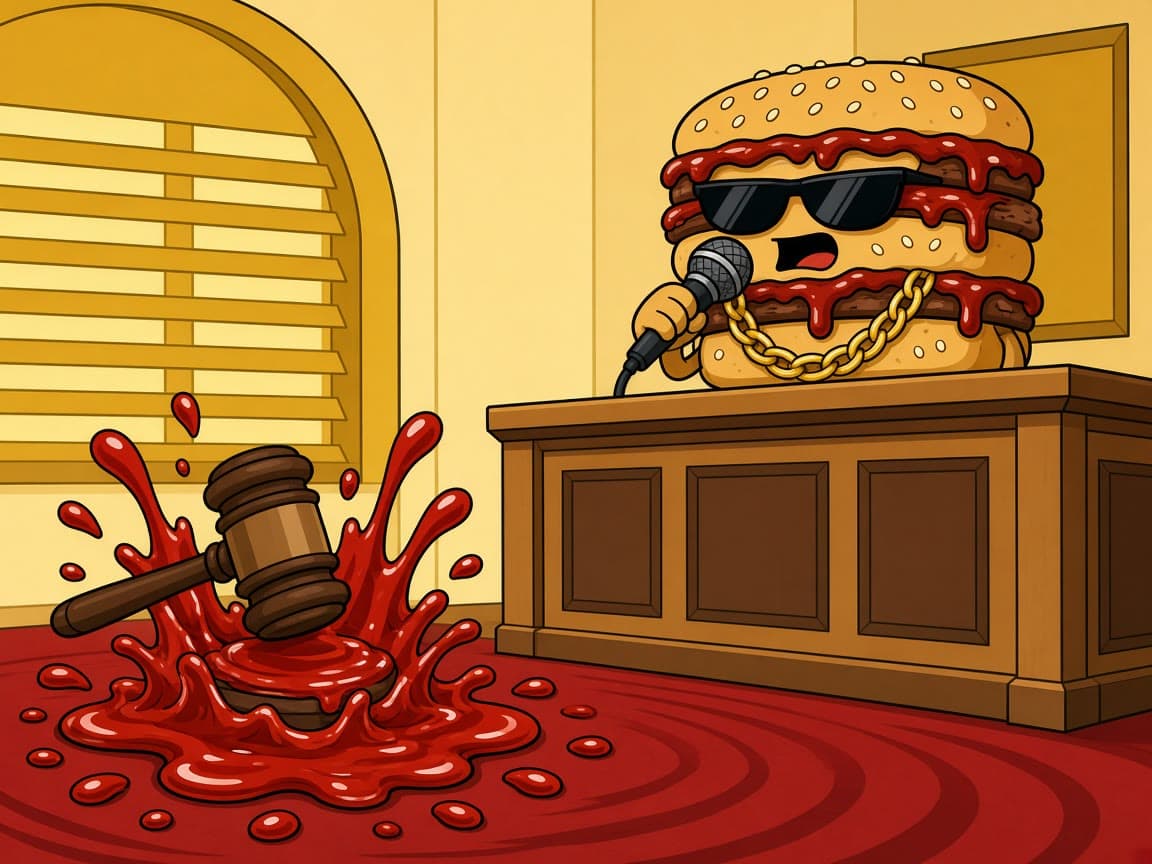 A judge's gavel slams into a splash of red sauce while MC RIB watches from the bench with a microphone.