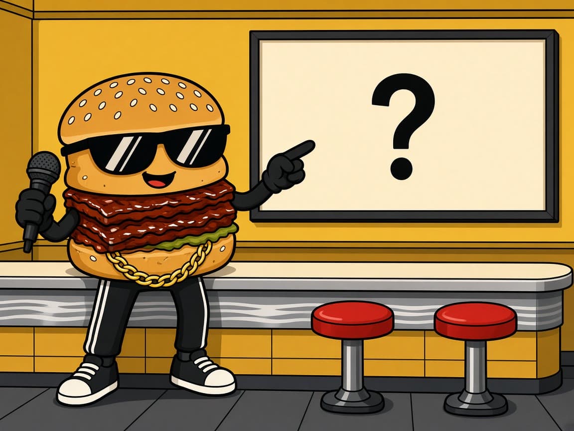 MC RIB points at a blank diner menu board that only shows a question mark.