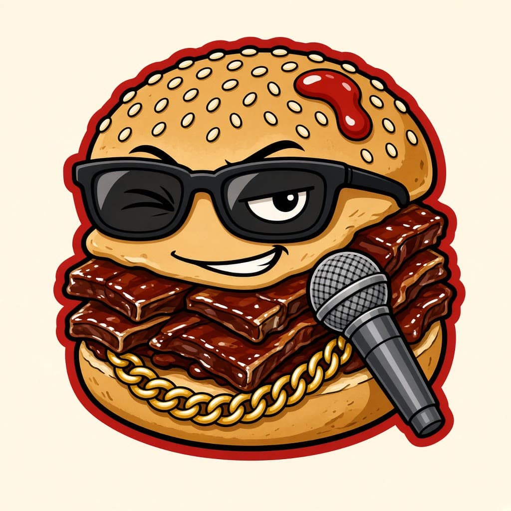 Close-up of MC RIB winking under black sunglasses, gold chain on, microphone ready, a dab of sauce on the bun.