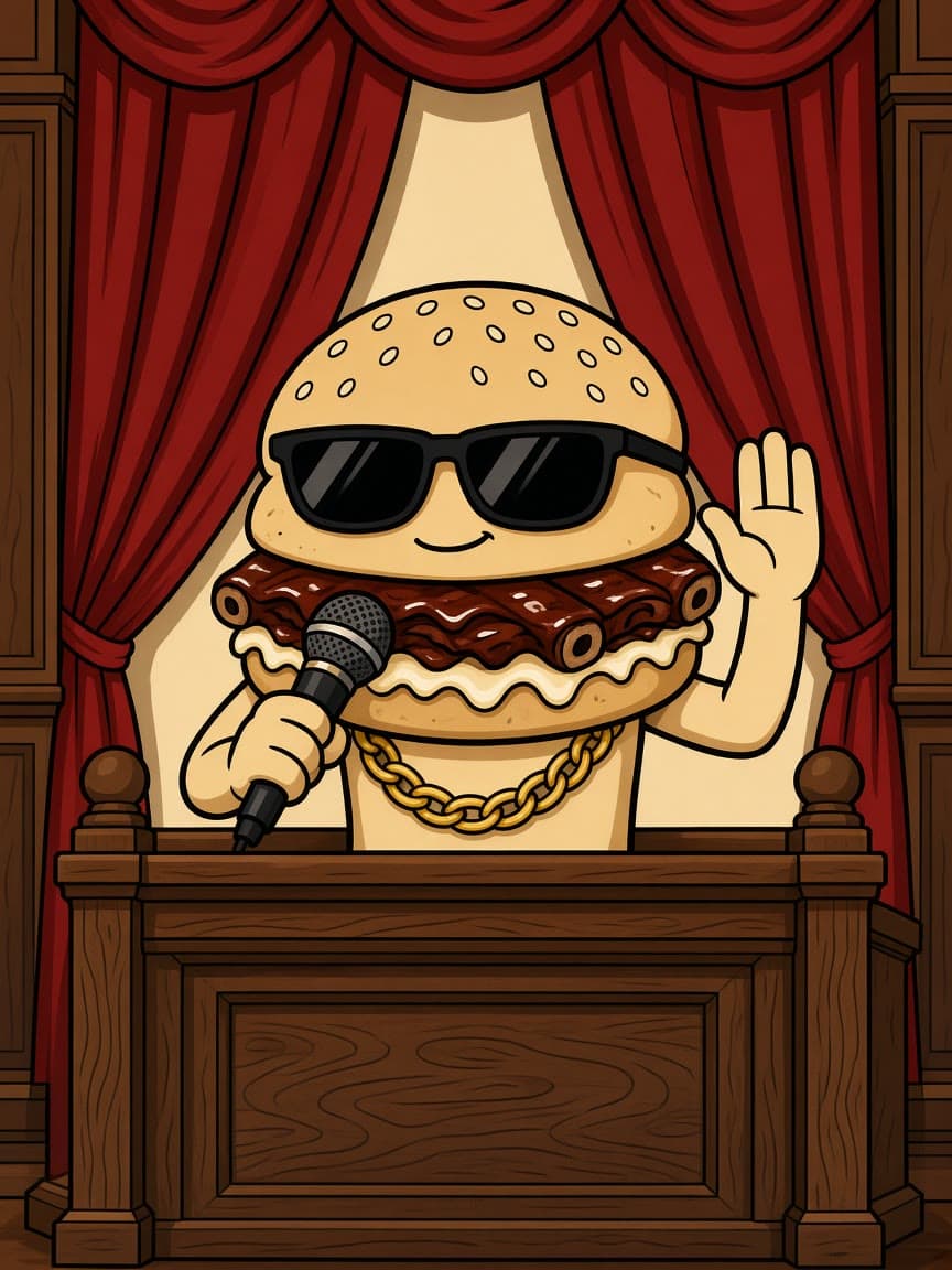 MC RIB, a sandwich rapper in sunglasses and a gold chain, stands in a courtroom witness box with one hand raised and a microphone in the other.